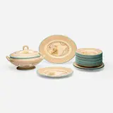 Christopher Dresser for Old Hall Earthenware Co., Rare polychrome Excelsior dinnerware set, c. 1880, glazed and gilt earthenware