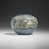Early vase with stylized angelfish by Harriet Joor for Newcomb College Pottery, 1905, glazed earthenware, sold Jan 2025