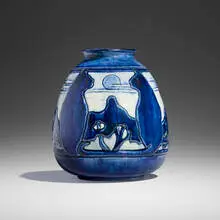 Roberta B. Kennon for Newcomb College Pottery, Rare and Early vase with cats and full moon, 1904, glazed earthenware