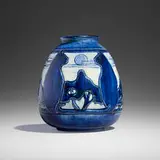 Rare and Early vase with cats and full moon by Roberta B. Kennon for Newcomb College Pottery, 1904, glazed earthenware, sold Jan 2025