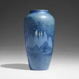 Anna Frances Simpson for Newcomb College Pottery, Exceptional and Large scenic vase with live oaks, Spanish moss, and full moon, 1926, glazed earthenware