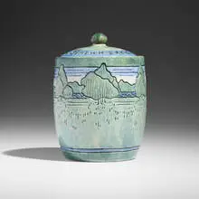Early covered jar with landscape by Lucia Jordan for Newcomb College Pottery, 1907, glazed earthenware, sold Jan 2025