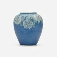 Vase with roses by Henrietta Bailey for Newcomb College Pottery, 1930, glazed earthenware, sold Jan 2025