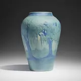 Anna Frances Simpson for Newcomb College Pottery, Large scenic vase with live oaks, Spanish moss, and full moon, 1924, glazed earthenware