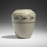 Rare vase with geese by Annie Aldrich and Sarah Tutt for Marblehead Pottery, c. 1909, glazed earthenware, sold Jan 2025