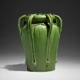 Rare vase, model 34 by George P. Kendrick for Grueby Faience Company, 1898-1902, glazed earthenware, sold Jan 2025