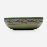 Bowl with landscape by Sara Galner for Saturday Evening Girls, 1915, glazed earthenware decorated in cuerda seca, sold Jan 2025