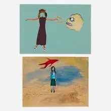 Two works by Royal Art Lodge, 2000, collage and watercolor on paper, sold Dec 2024