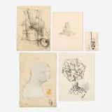 Atirnomis, Five works, 1967-77, mixed media paper collage, ink and graphite on paper, etching