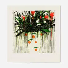 Flowers in a Vase with Oranges by Donald Sultan, 1994, etching and aquatint in colors, sold Jul 2021