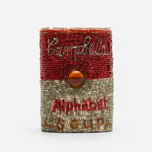 Liza Lou, Alphabet Soup Can, c. 1990, glass beads over wood