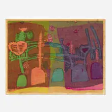 towers by Corita Kent, 1959, screenprint in colors on paper laid to board, sold Jul 2021