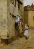 Ri Walter Langley, A street in Newlyn, oil on panel