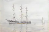 Rws Henry Scott Tuke Ra, A three-masted windjammer lying at anchor in the Carrick Roads, watercolour