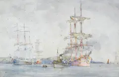 Italian barque being towed to moorings in the Carrick Roads (Towing into Falmouth harbour) by Rws Henry Scott Tuke Ra, watercolour, sold Nov 2008
