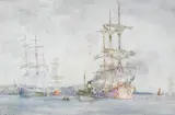 Rws Henry Scott Tuke Ra, Italian barque being towed to moorings in the Carrick Roads (Towing into Falmouth harbour), watercolour