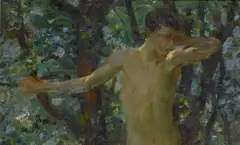 Half length study of a boy by Rws Henry Scott Tuke Ra, oil on panel, offered Nov 2008