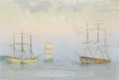 Shipping at anchor, Carrick Roads by Rws Henry Scott Tuke Ra, oil on canvas, offered Nov 2008