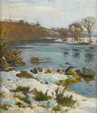 Road in Winter; River in Winter by Samuel John Lamorna Birch, R.A., R.W.S., R.W.A., oil on canvas, sold Nov 2008