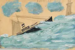 Alfred Wallis, Full rigged ship and light-house, pencil, gouache and oil on card
