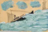 Alfred Wallis, Full rigged ship and light-house, pencil, gouache and oil on card