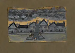 Alfred Wallis, Houses with Clock Tower, pencil, gouache and oil on card