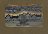 Alfred Wallis, Houses with Clock Tower, pencil, gouache and oil on card