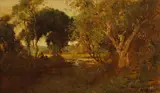William Keith, Figures near a Quiet Creek, oil on board on canvas