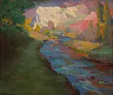 Jean Mannheim, Turquoise Creek, oil on masonite
