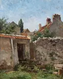 Emma Lampert Cooper, European Village, oil on canvas on board