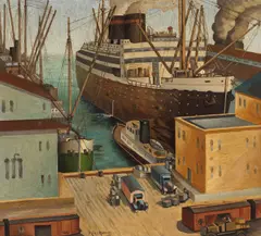 Miles Emil Holmes, Docked Ships, thought to be San Francisco, oil on canvas on masonite
