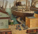 Miles Emil Holmes, Docked Ships, thought to be San Francisco, oil on canvas on masonite