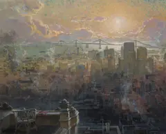 Clarkson Dye, The Oakland Bay Bridge and Downtown San Francisco from Nob Hill, oil on masonite