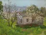 Theodore Wores, Two Blossoming Trees with an Old Shack