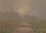Granville Redmond, Shepherd Herding Sheep in a Misty Landscape