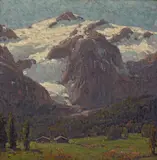 Cabins Beneath an Alpine Glacier by Edgar Alwin Payne, oil on canvas, sold Nov 2008