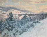 Bruce Nelson, Winter Scene with Distant Farmhouses, oil on canvas