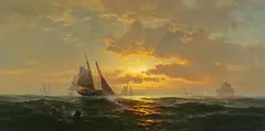 Edward Moran, Schooners off Baltimore Shore, oil on canvas affixed to board