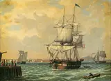 Fitz Henry Lane, Shipping in a harbor, thought to be New York, ca. 1860, oil on canvas laid down