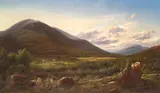 Ferdinand Reichardt, A Carriage and Horsemen on a Road with Mount Washington in the distance, oil on canvas laid down