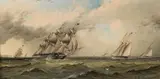 James Edward Buttersworth, Sailing vessels rounding a distant headland