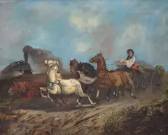 János Jankó, senior, Stampede with Horse-Drawn Cart and Locomotive, oil on canvas