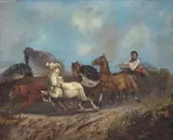 János Jankó, senior, Stampede with Horse-Drawn Cart and Locomotive, oil on canvas