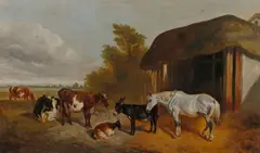 James Thomas Wheeler, Animals by a Thatched Barn, oil on canvas