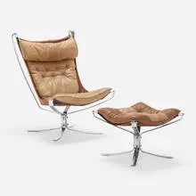 Sigurd Resell, Falcon lounge chair and ottoman, 1971, leather, chrome-plated steel, canvas