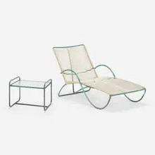 Walter Lamb, Chaise lounge, model C-4700, and end table, model BL-3700, c. 1952, bronze tubing, vinyl, textured glass