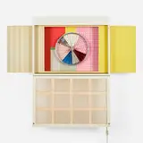 Robert Rauschenberg, Publicon–Station IV (from Publicons), 1978, nitrocellulose lacquer, collaged silk and cotton fabrics, bicycle wheel, baked epoxy enamel over polished aluminum, Plexiglas and fluorescent light fixture