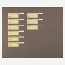 Chris Burden, Full Financial Disclosure—January, 1977, 1977, nine cancelled checks made out to various people for services rendered, printed labels collage mounted to mat board