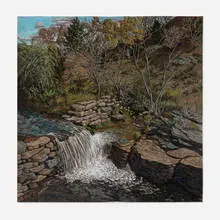 Jack Beal, Untitled Drawing of Landscape with Waterfall and Stone Wall, 1980, pastel on gray paper