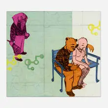Kojo Griffin, Untitled (Man & Woman on Bench, Man in Background), 2001, mixed media on wood panel